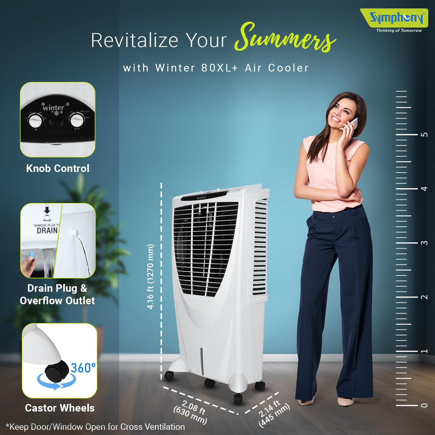 Symphony Winter 80 XL Desert Air Cooler for Home with Powerful Fan Honeycomb Pads i-Pure Technology and Low Power Consumption 80L White