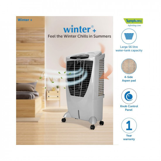 Symphony Winter Powerful Desert Air Cooler 56-litres Air Fan 4-Side Cooling Pads Whisper-Quiet Performance  Low Power Consumption Grey