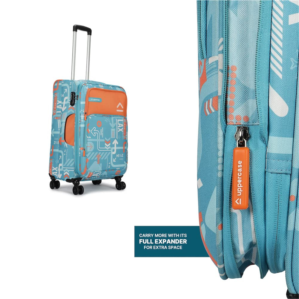 uppercase JFK Trolley Bag Set of 2 ML Sustainable Check-in Luggage Polyester Eco-Soft Printed Luggage  Combination Lock  8 Wheel Suitcase for Men  Women  2500 Days Warranty Teal Blue