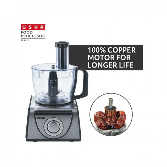 Usha FP 3810 Food Processor 1000 Watts Copper Motor with 13 AccessoriesPremium SS Finish Black and Steel