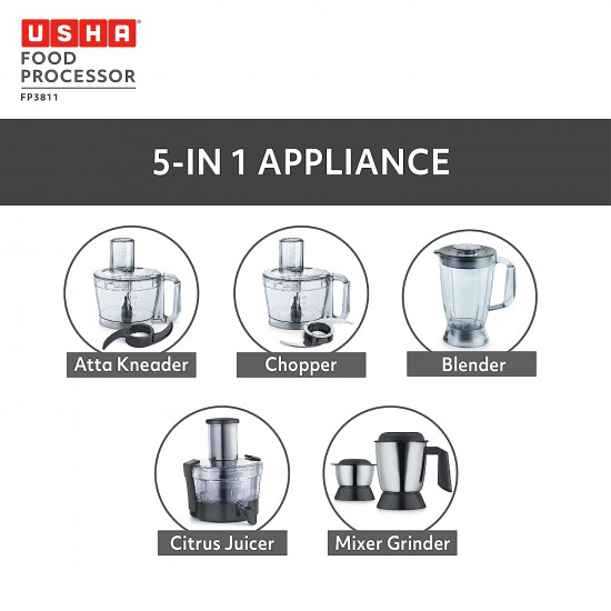 Usha FP 3811 Food Processor 1000 Watts Copper Motor with 13 AccessoriesPremium SS Finish Black and Steel