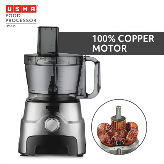 Usha FP 3811 Food Processor 1000 Watts Copper Motor with 13 AccessoriesPremium SS Finish Black and Steel