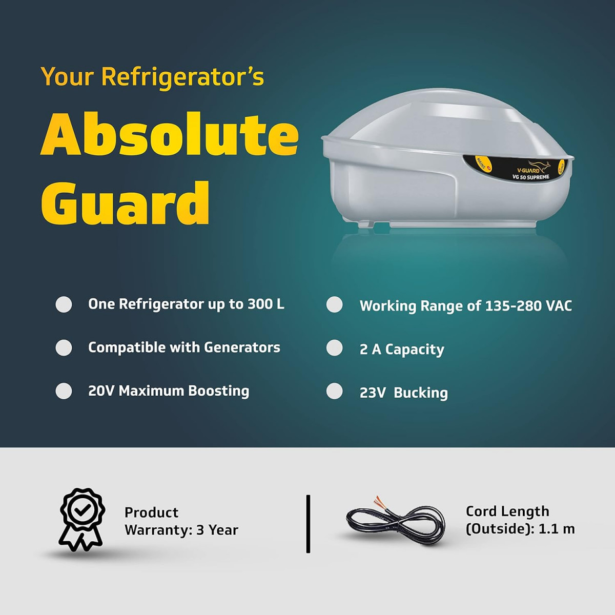 V-Guard VG 50 Supreme Stabilizer for Refrigerator up to 300 L  Advance Overheat Protection  2 A Capacity