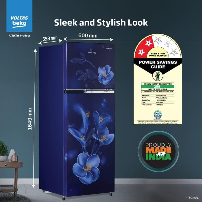 Voltas Beko 268 L 2 Star Frost Free Double Door Refrigerator with 6 in 1 Adjustable Harvest Fresh Technology RFF315DWPV300RMBD Moonlight Blue