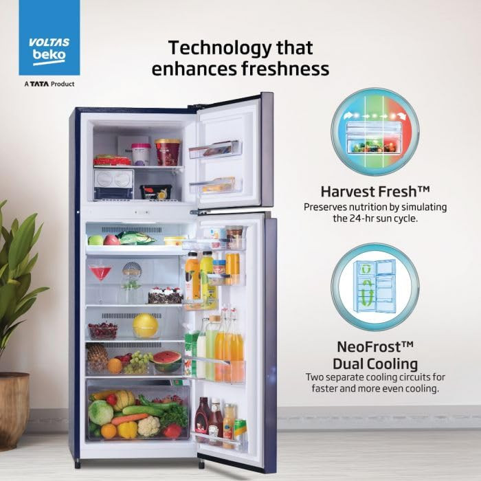 Voltas Beko 268 L 2 Star Frost Free Double Door Refrigerator with 6 in 1 Adjustable Harvest Fresh Technology RFF315DWPV300RMBD Moonlight Blue