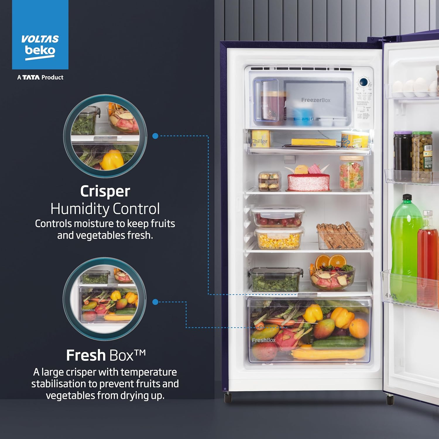 Voltas Beko A TATA Product 173 L 3 star Made-In-India Direct Cool Refrigerator RDC205C  S0PBE0M0000GO Peony Blue