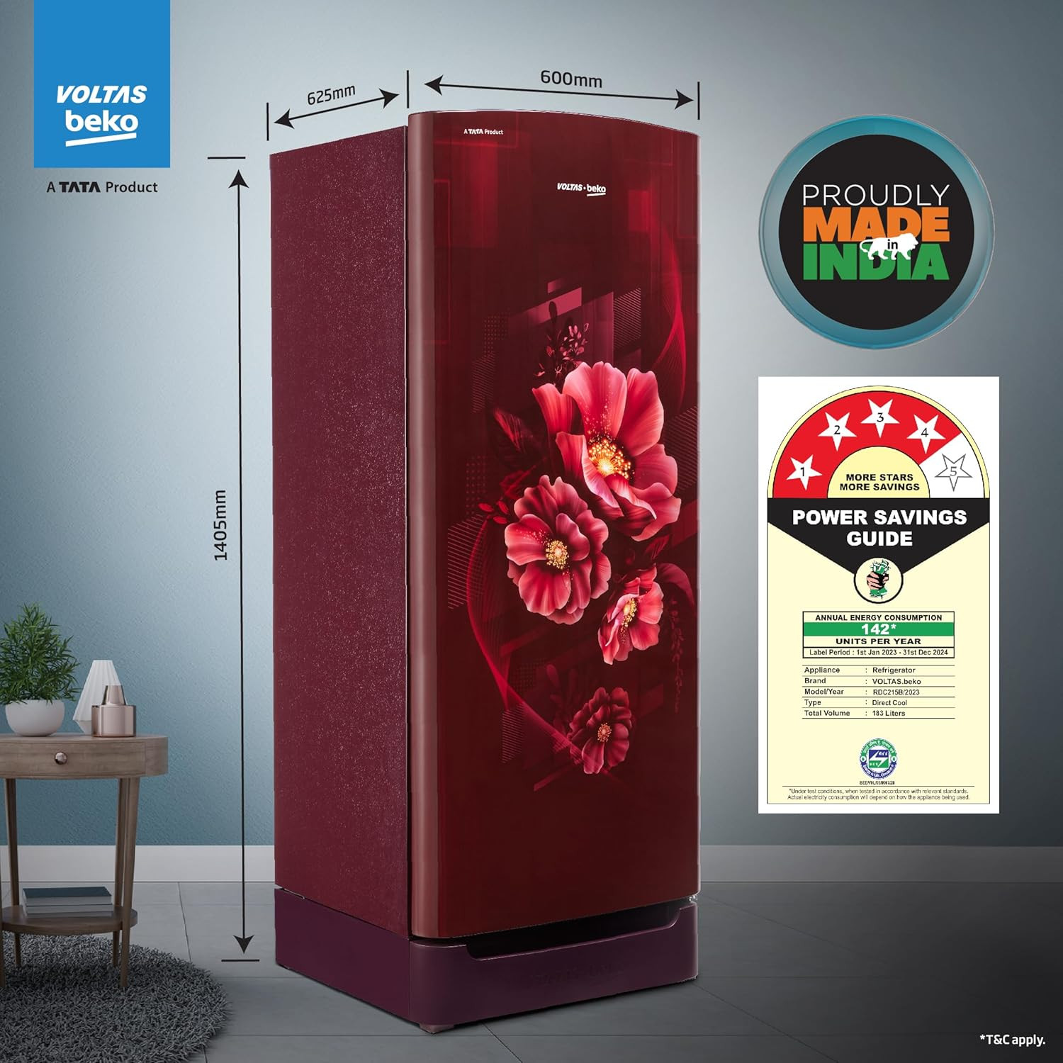 Voltas Beko A TATA Product 183 L 4 Star Direct Cool Single Door Refrigerator 2024 Model RDC215BW0BWR0M0B00GO Bonita Wine Fresh Box Technology with Base Drawer