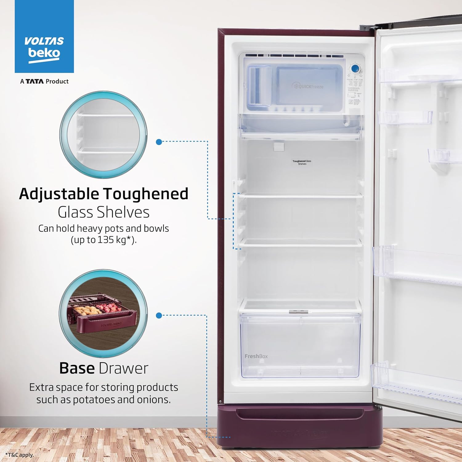 Voltas Beko A TATA Product 183 L 5 Star Direct Cool Single Door Refrigerator 2024 Model RDC215AW0BWRTM0B00GO Bonita Wine Fresh Box and Quick Freeze Technology with Base Drawer