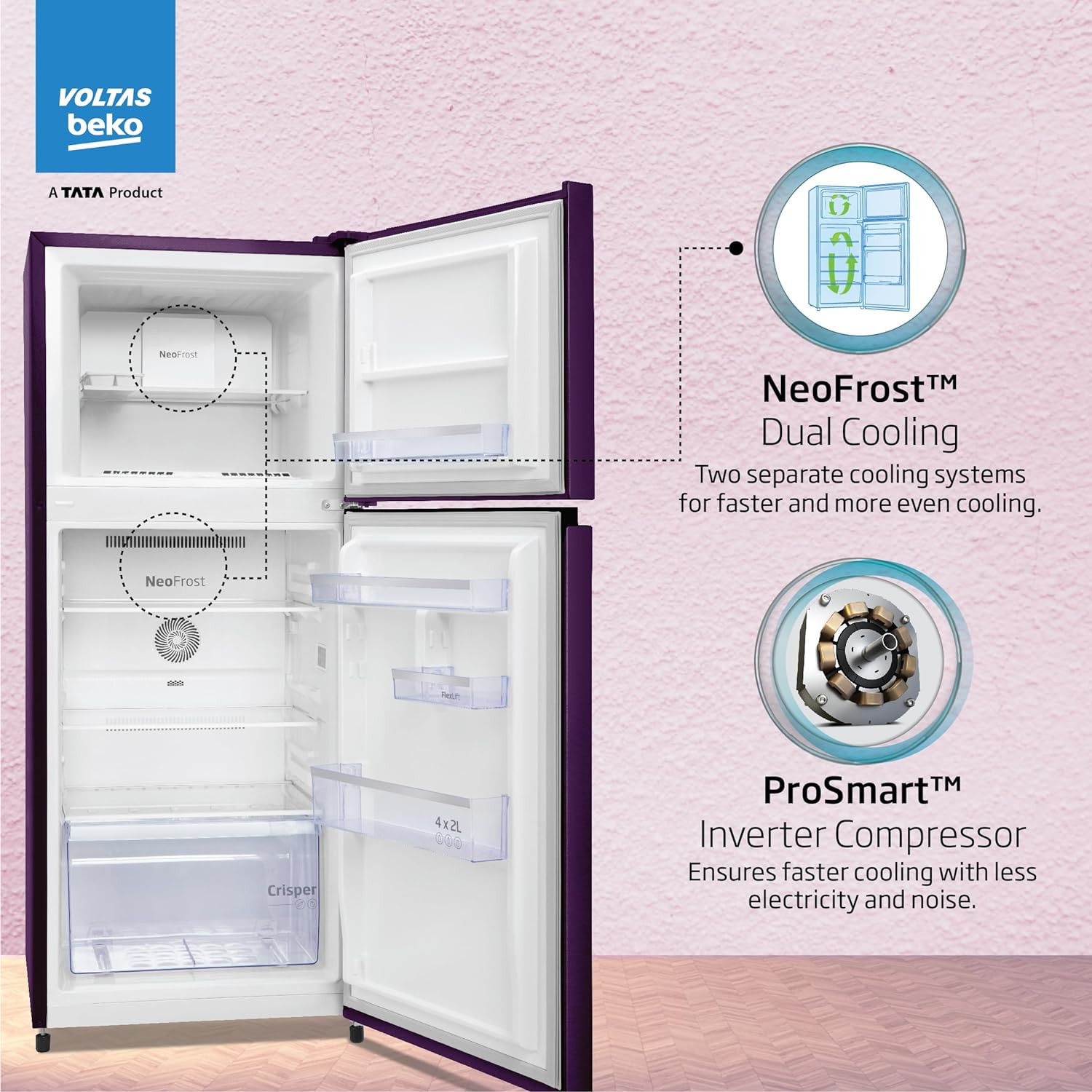 Voltas Beko A TATA Product 228 L 2 star Frost free Refrigerator with two separate cooling system RFF265DW0NPR0I0000GO Nightangel Purple