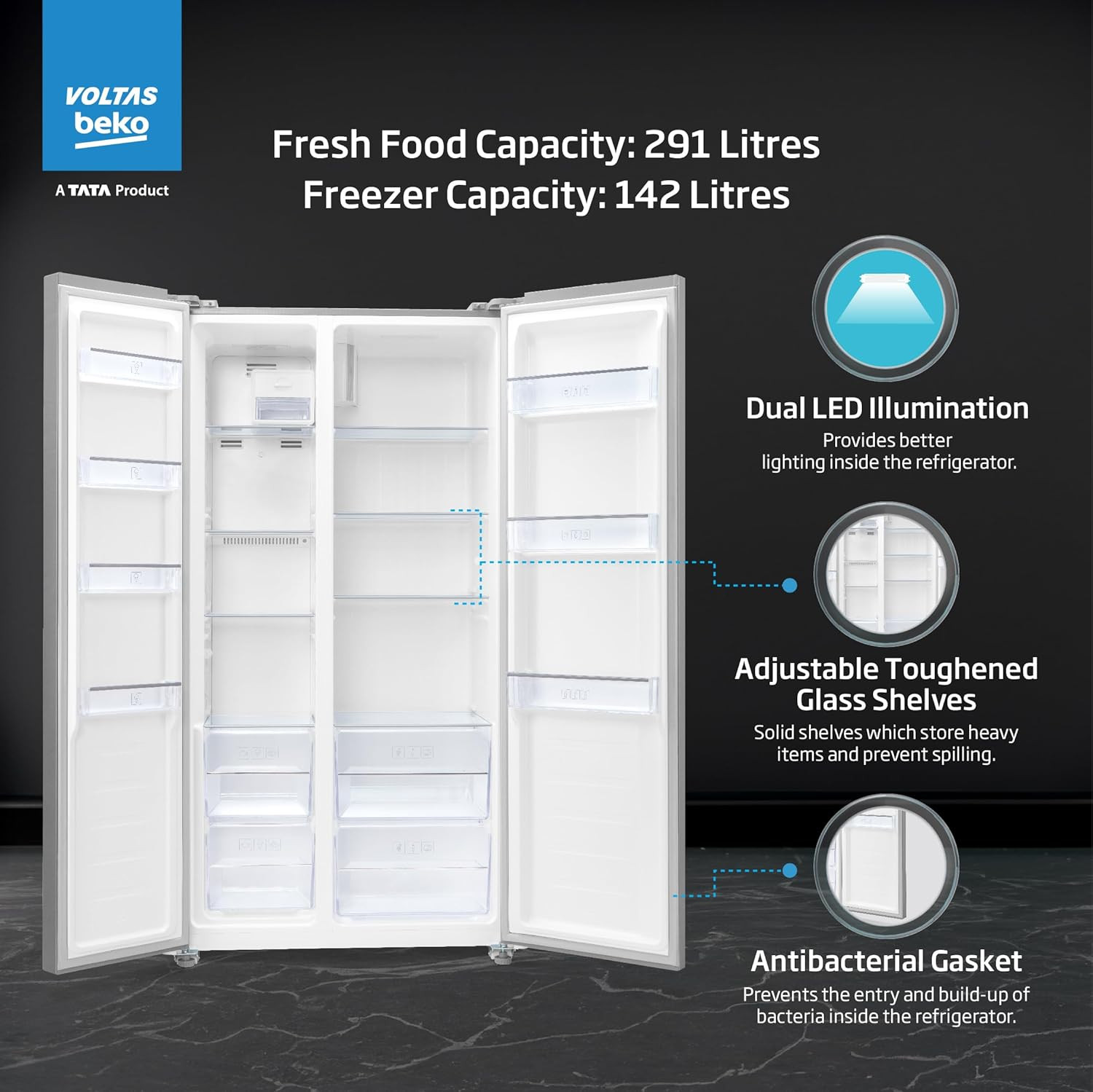 Voltas Beko A Tata Product 472 L Side by Side Frost Free Refrigerator with ProSmart Inverter Compressor 2024 Model RSB495FPV300RXID INOX Electronic Temperature Control and Display