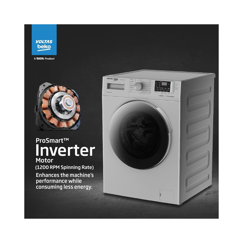 Voltas Beko A Tata Product 8 Kg 5 Star Inverter Quick wash Fully-Automatic Front Loading Washing Machine 2023 Model WFL8012B7JVBKAGXV Grey In buit HeaterHygiene steam