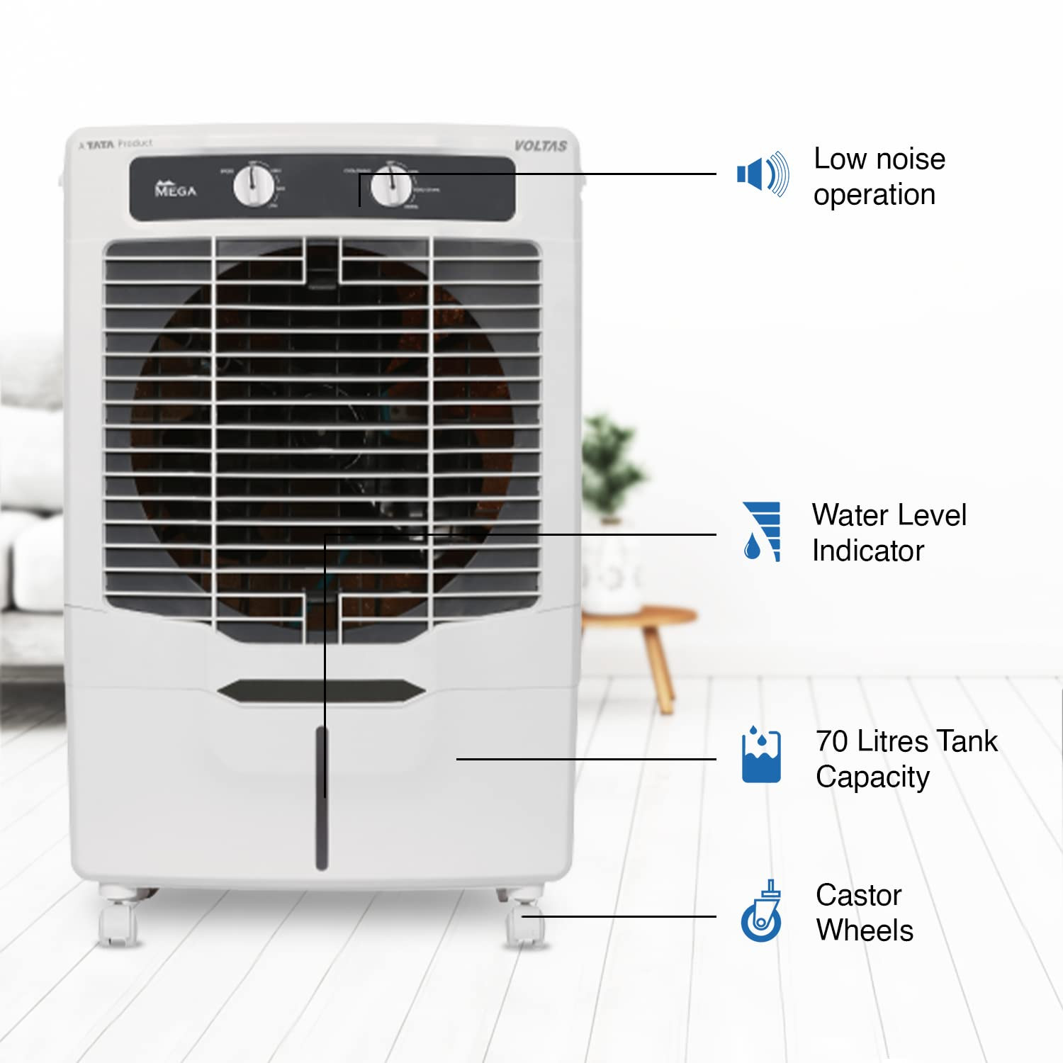 Voltas Mega 70 Wood Wool Pad 70L Air Cooler Inverter-Compatible Honeycomb Pads 3-Speed Settings