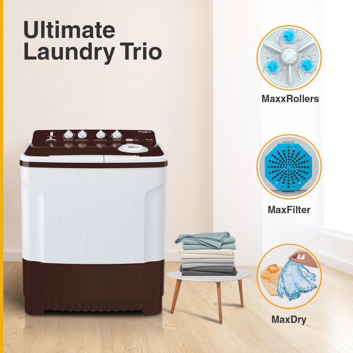 Whirlpool 70 Kg 5 Star Semi-Automatic Top Load Washing Machine MAXXWASH DELUXE 70 MAROON 5 YR Max Dry
