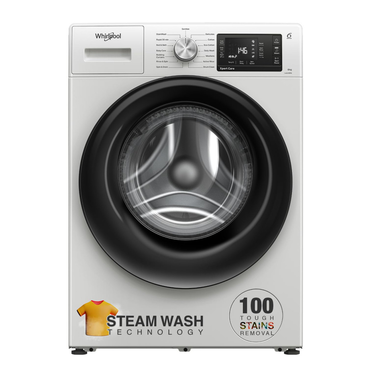 Whirlpool 8 Kg Steam Technology Inverter Front Load Washing Machine with In-Built Heater XS8014BYW52E Crystal White 100 Tough Stains 6th Sense Soft Move 2024 Model