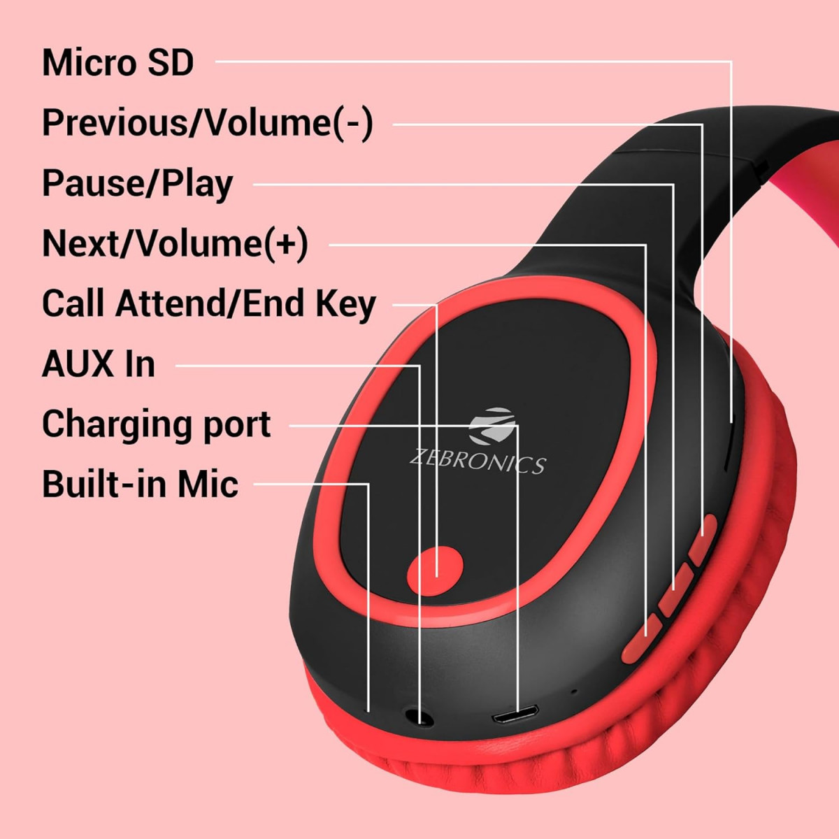 Zebronics Thunder Bluetooth 53 Over Ear Wireless Headphones Red