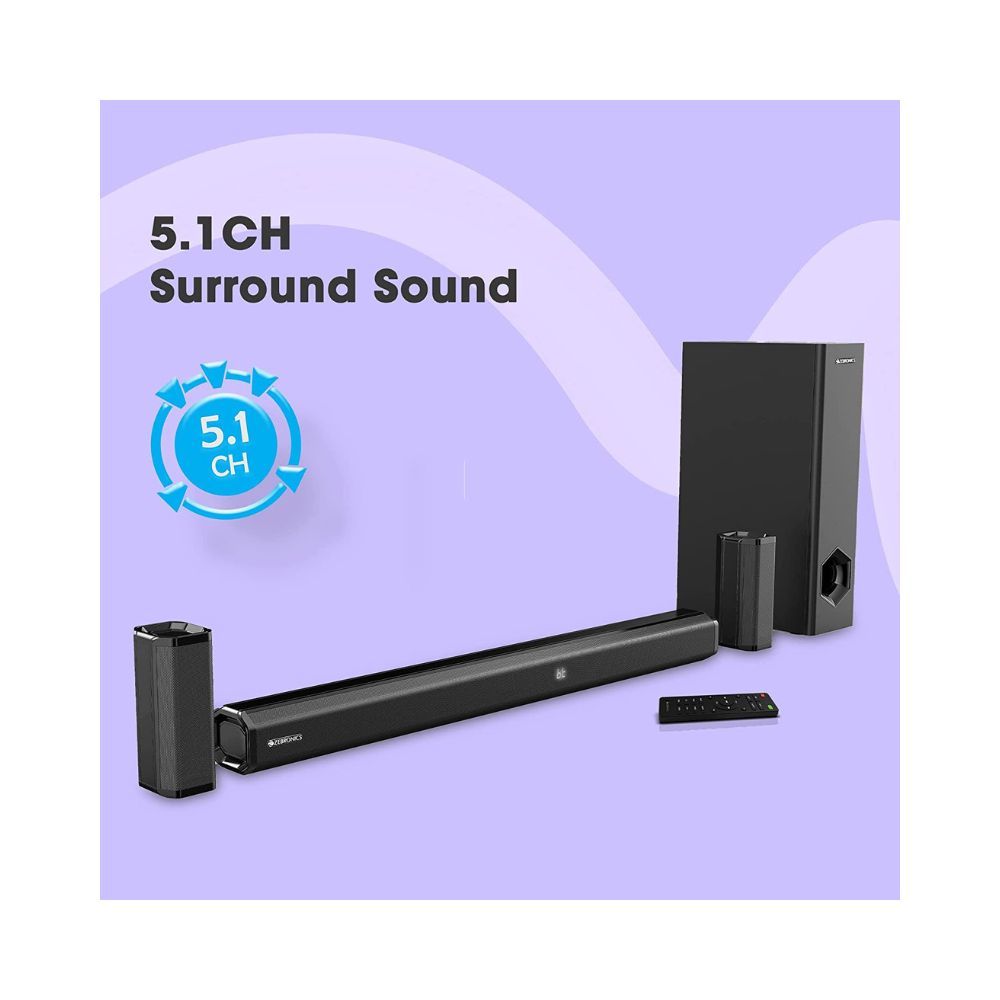 ZEBRONICS ZEB-JUKE BAR 7400 PRO 51 channel soundbar with 65 subwoofer 180W RMS Dual rear satellites HDMI ARC Optical IN AUX BT v50 USB IN Remote controlLED display and Wall mountBlack